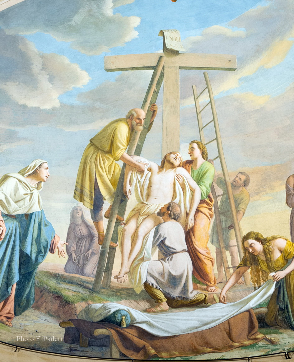La deposizione dalla croce. Giuseppe d'Arimetea, Nicodemo e Giovanni calano il corpo di Cristo dalla croce. Chiesa di san Zenone - Passirano (BS)